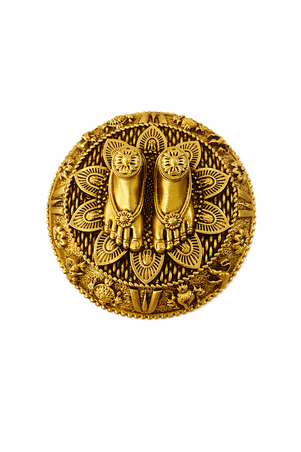 PeetalKraft Handcrafted Vishnu Charan Paduka Brass Figurine, Gold Finish, Divine Motifs, 6 cm Diameter, 3 cm Height, 40 g