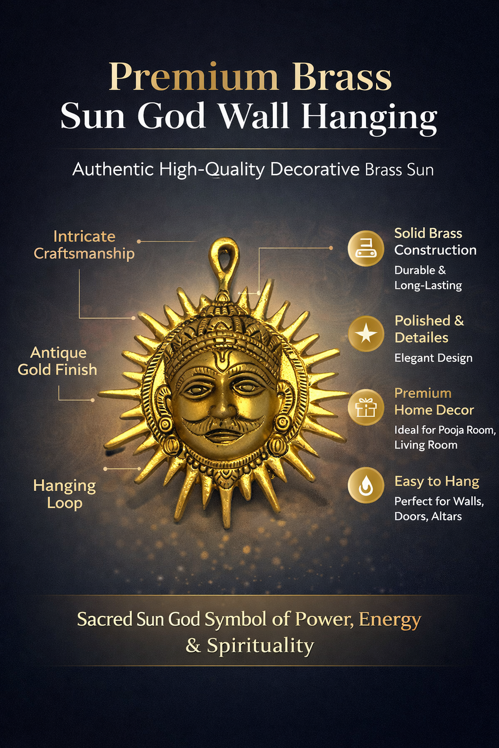 PeetalKraft Premium Brass Surya Dev Wall Hanging | Hindu Sun God Decorative Idol for Home, Office & Pooja Room | Vastu & Spiritual Wall Decor (14 cm, 300g)