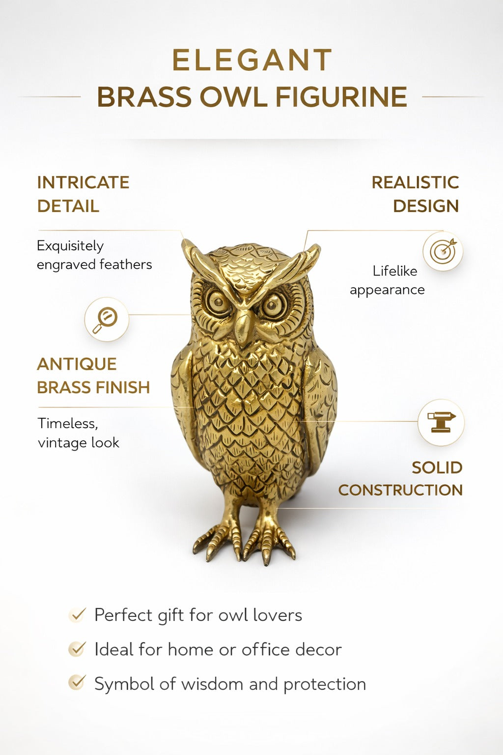 PeetalKraft Small Brass Owl with Legs Little Bird Figurine for Desk Decor, Size 3x2x5 cm, Weight 121 Grams