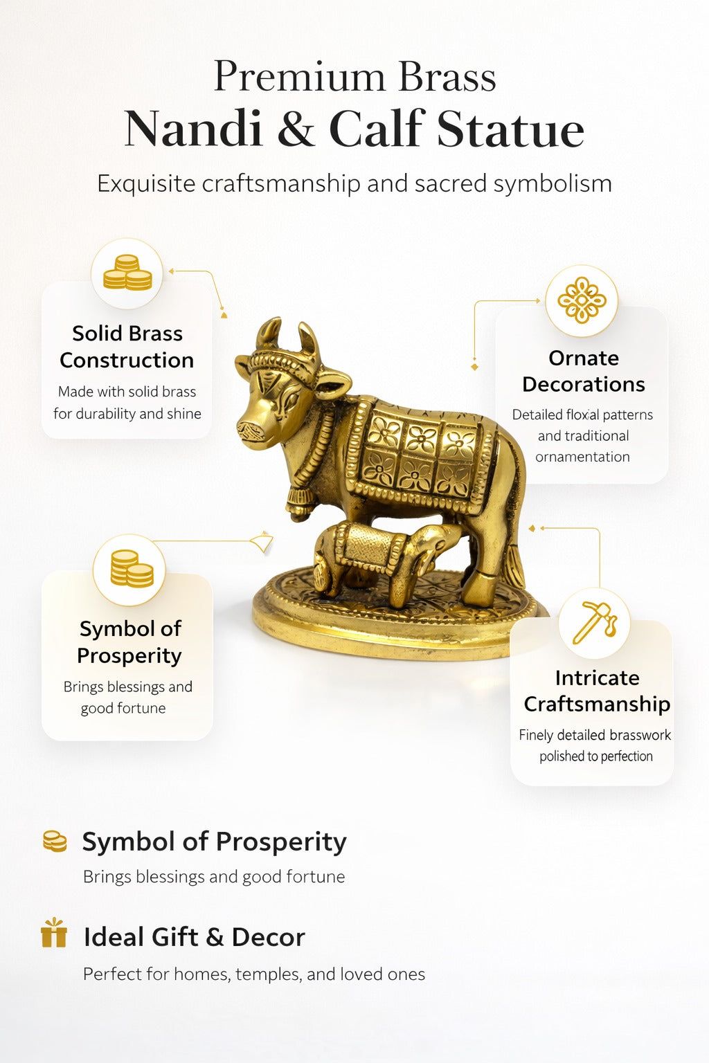 PeetalKraft Kamadhenu Brass Idol Cow with Calf for Abundance and Success, Size 7x5x7 cm, Weight 300 Grams