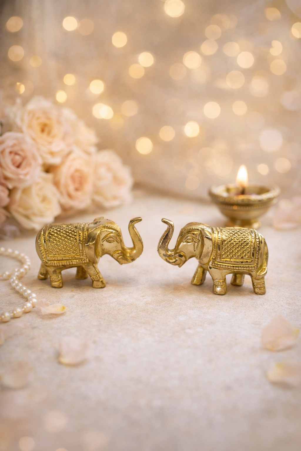 PeetalKraft Golden Brass Little Elephant Pair Decorative Showpiece for Home and Office, Size 7x2x4 cm, Weight 220 Grams