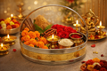 PeetalKraft Stainless Steel Pooja Dalia with Brass Finish Band Medium Bowl, Size 20x20x6 cm, Weight 280 Grams