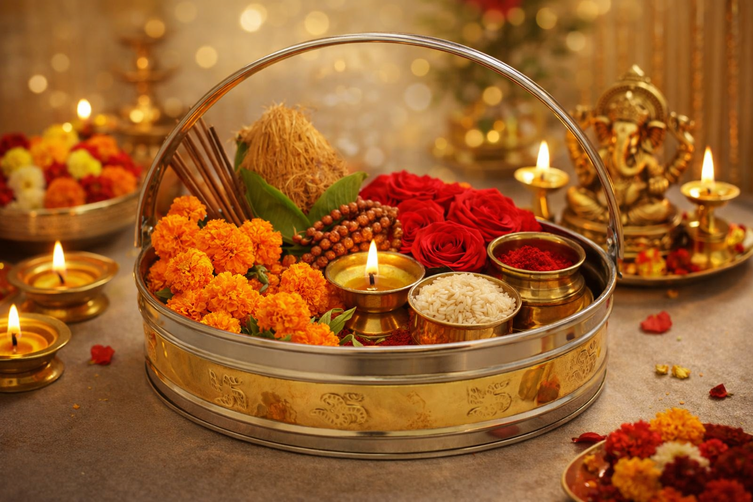 PeetalKraft Stainless Steel Pooja Dalia with Brass Finish Band Large Bowl, Size 24x24x7 cm, Weight 300 Grams