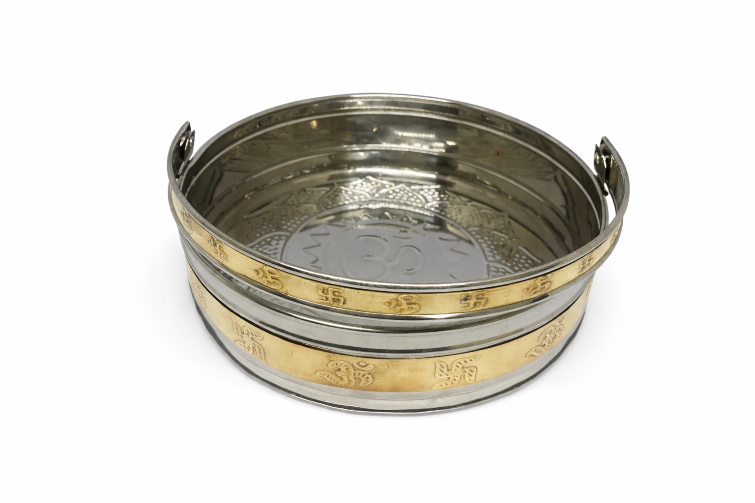 PeetalKraft Stainless Steel Pooja Dalia with Brass Finish Band Medium Bowl, Size 20x20x6 cm, Weight 280 Grams