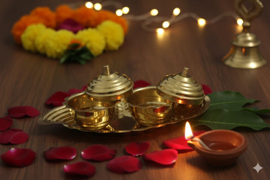 PeetalKraft Brass Golden Decorative Spice Container Set With Leaf Tray 2 Kumkum Boxes Size 17X10X4 Cm Weight 80 Grams