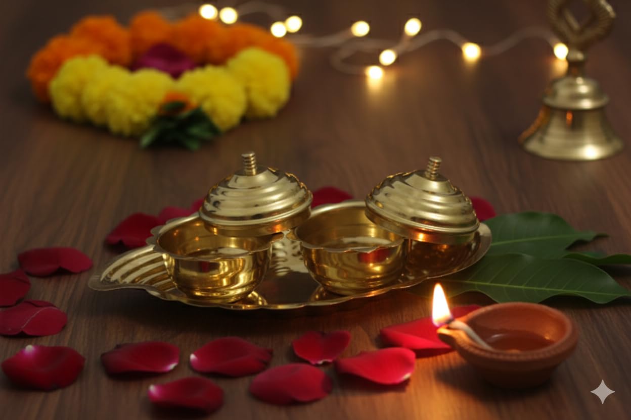 PeetalKraft Brass Golden Decorative Spice Container Set With Leaf Tray 2 Kumkum Boxes Size 17X10X4 Cm Weight 80 Grams