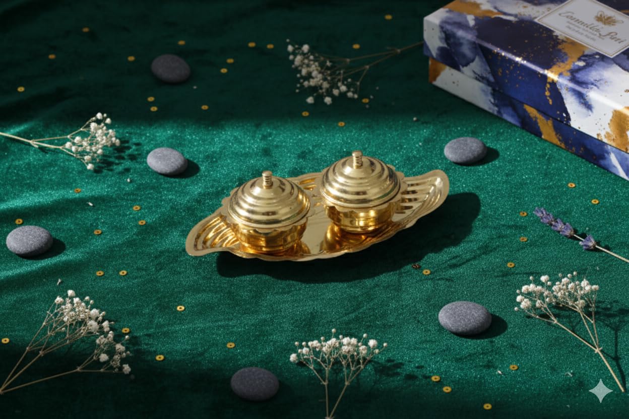 PeetalKraft Brass Golden Decorative Spice Container Set With Leaf Tray 2 Kumkum Boxes Size 17X10X4 Cm Weight 80 Grams