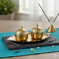 PeetalKraft Brass Golden Decorative Spice Container Set With Leaf Tray 2 Kumkum Boxes Size 17X10X4 Cm Weight 80 Grams