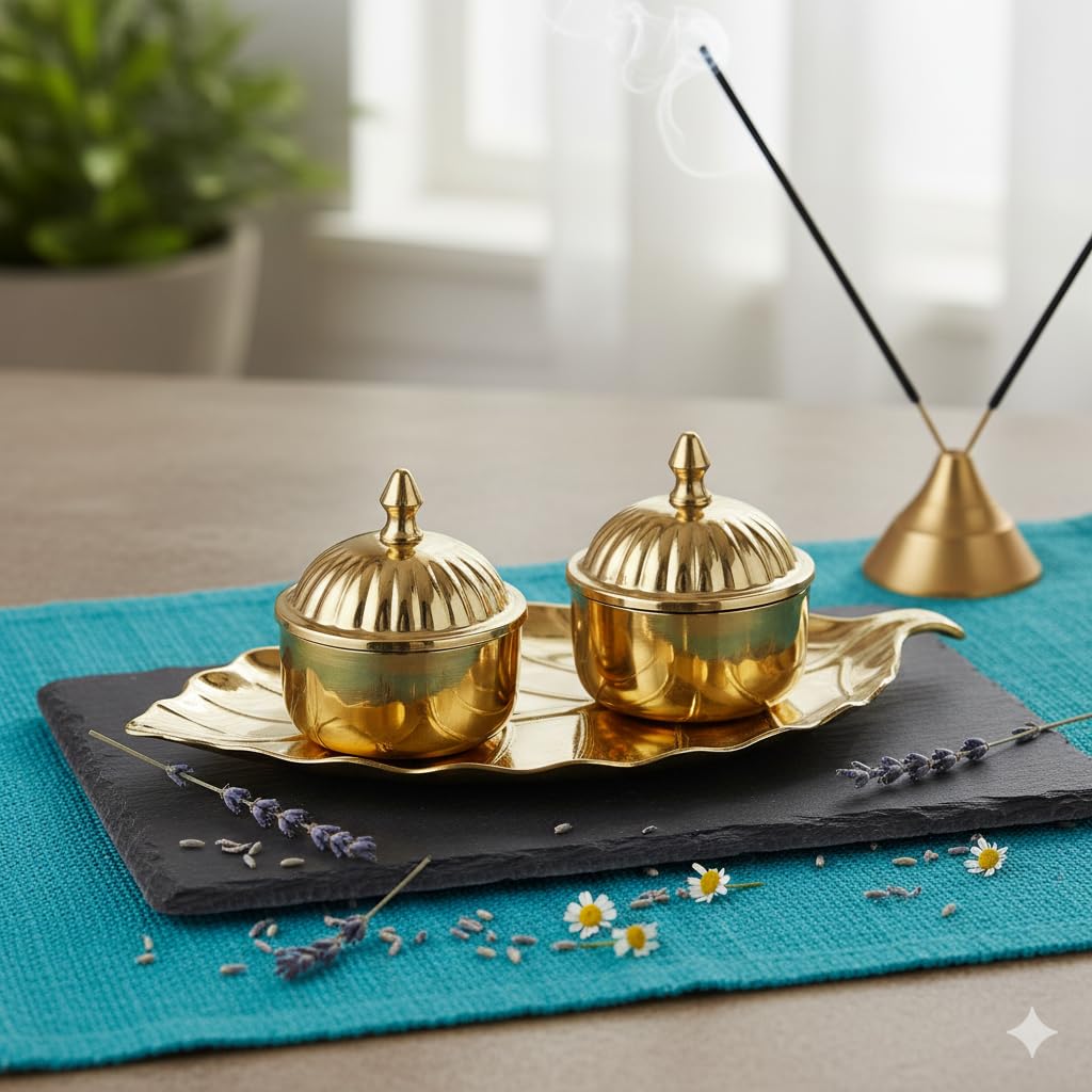 PeetalKraft Brass Golden Decorative Spice Container Set With Leaf Tray 2 Kumkum Boxes Size 17X10X4 Cm Weight 80 Grams