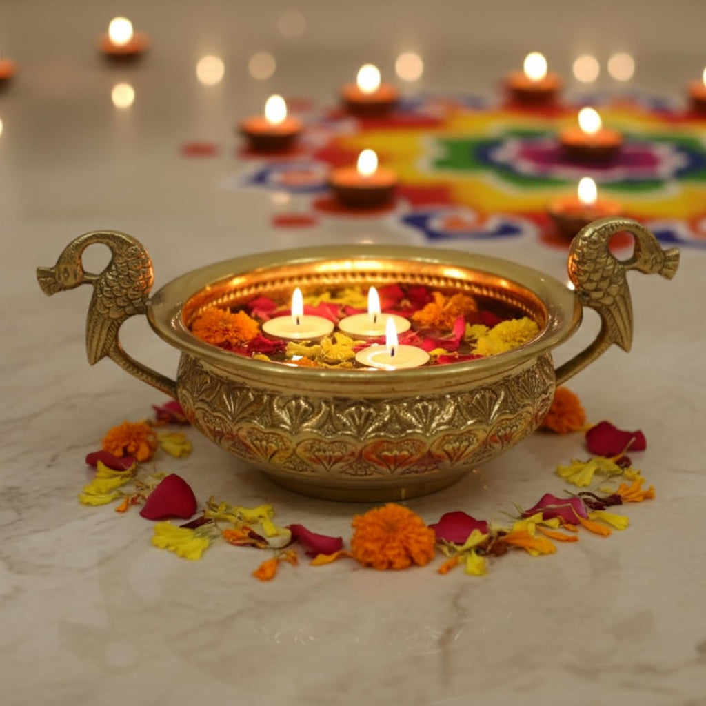 PeetalKraft Golden Brass Urli With Peacock Handles Handcrafted Decorative Bowl Size 20X4X22 Cm Weight 365 Grams