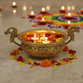 PeetalKraft Golden Brass Urli With Peacock Handles Handcrafted Decorative Bowl Size 20X4X22 Cm Weight 365 Grams