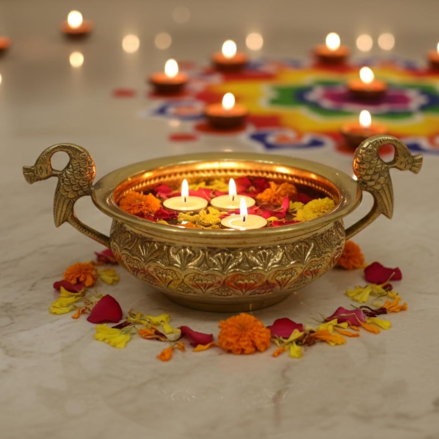 PeetalKraft Golden Brass Urli With Peacock Handles Handcrafted Decorative Bowl Size 20X4X22 Cm Weight 365 Grams