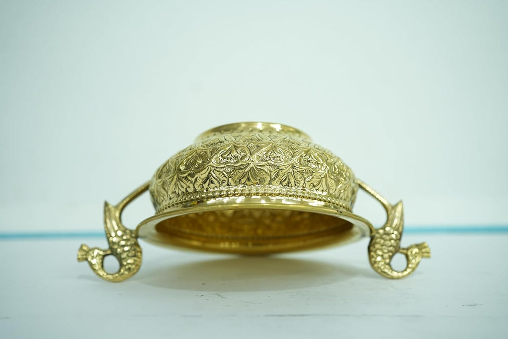 PeetalKraft Golden Brass Urli With Peacock Handles Handcrafted Decorative Bowl Size 20X4X22 Cm Weight 365 Grams