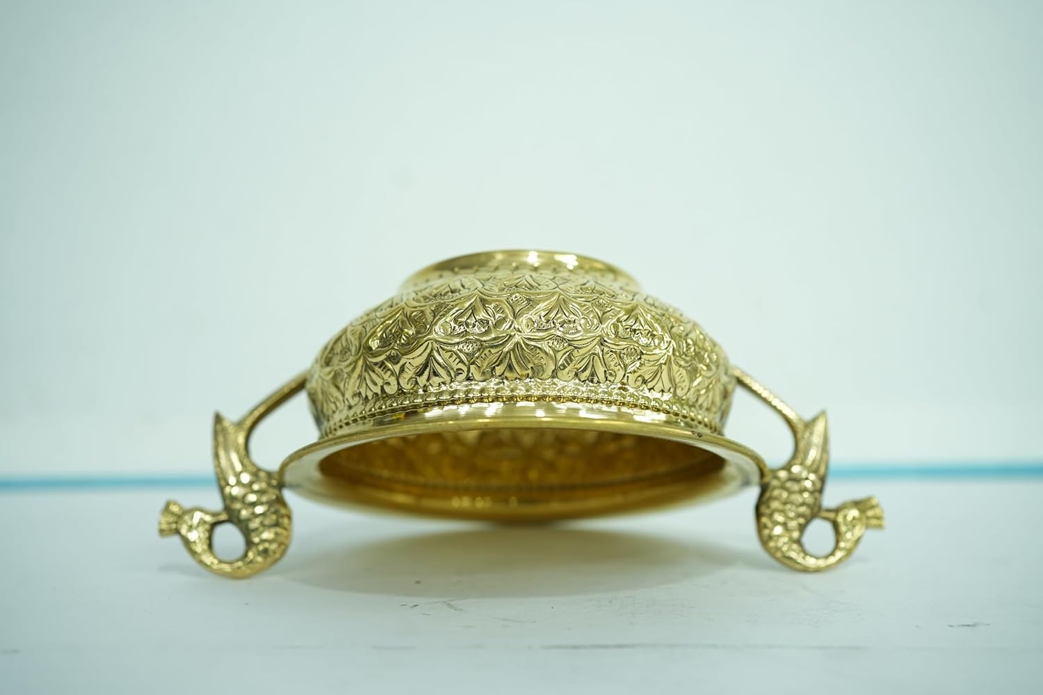 PeetalKraft Golden Brass Urli With Peacock Handles Handcrafted Decorative Bowl Size 20X4X22 Cm Weight 365 Grams