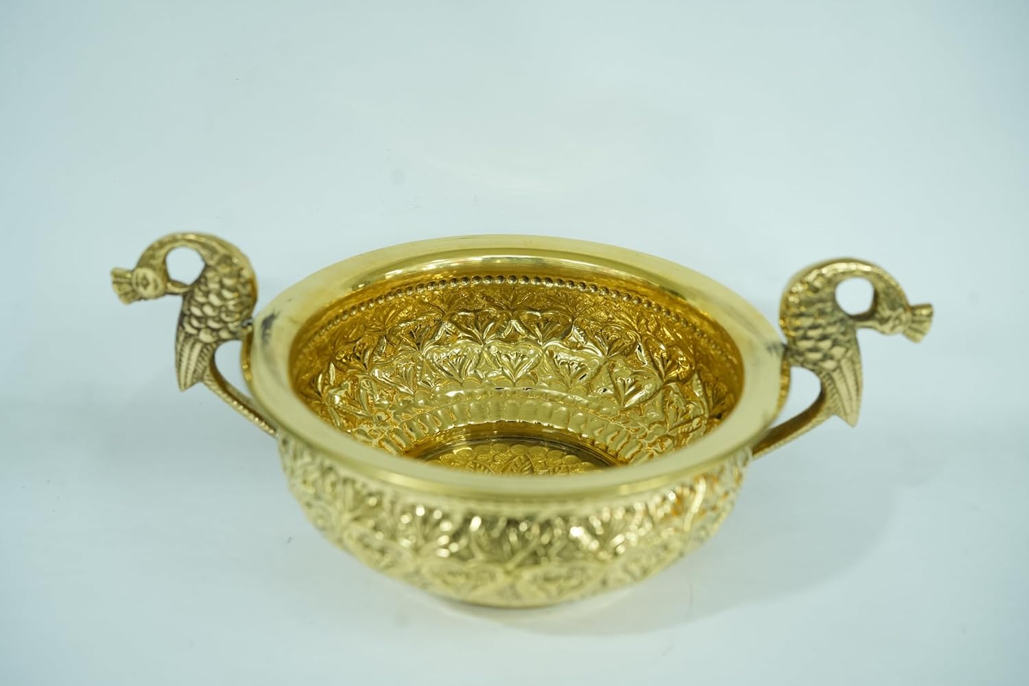 PeetalKraft Golden Brass Urli With Peacock Handles Handcrafted Decorative Bowl Size 20X4X22 Cm Weight 365 Grams