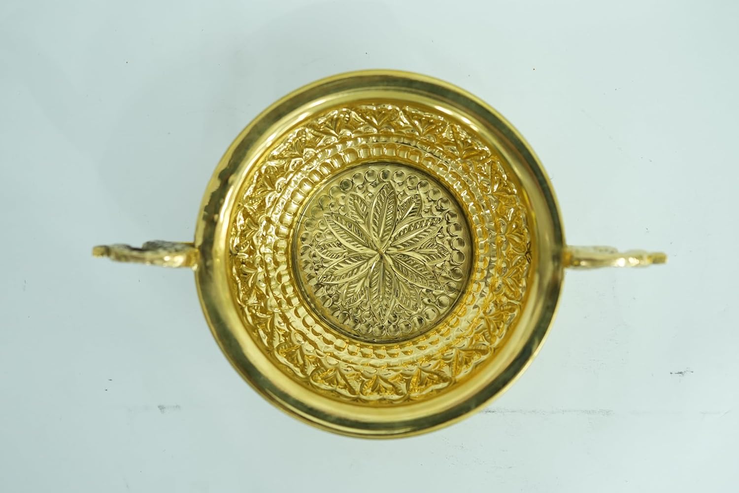 PeetalKraft Golden Brass Urli With Peacock Handles Handcrafted Decorative Bowl Size 20X4X22 Cm Weight 365 Grams