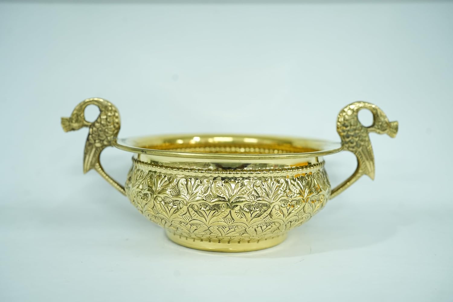 PeetalKraft Golden Brass Urli With Peacock Handles Handcrafted Decorative Bowl Size 20X4X22 Cm Weight 365 Grams