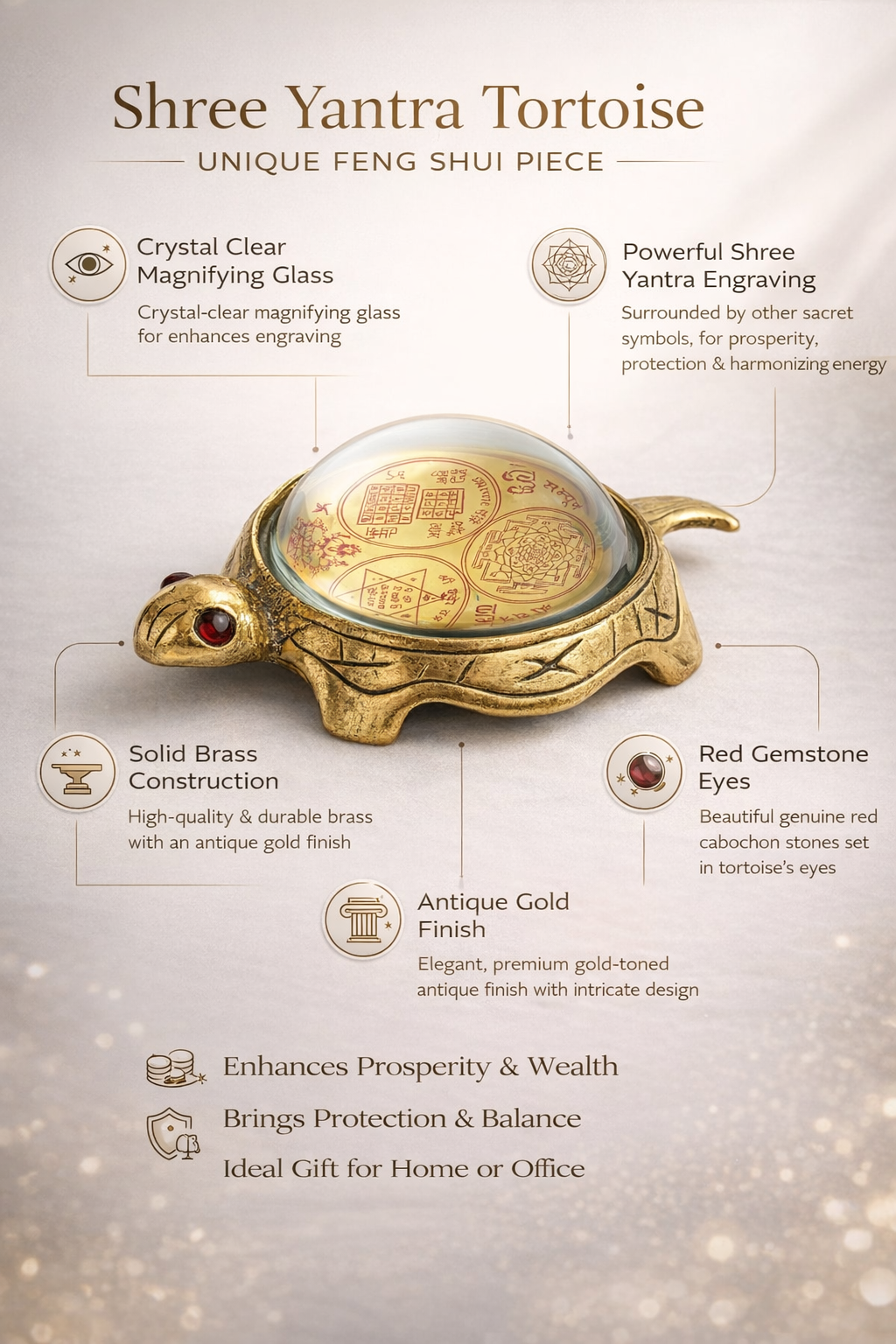 PeetalKraft Brass Big Tortoise Shree Yantra for Wealth and Abundance, Size 15x12x5 cm, Weight 300 Grams