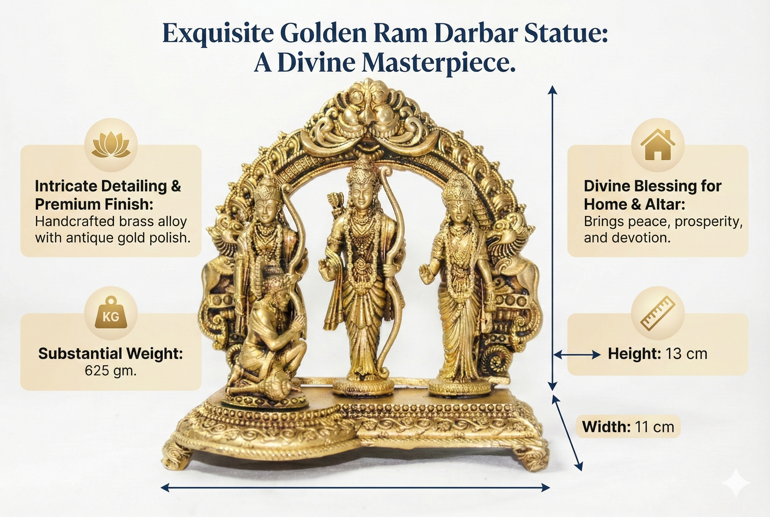 PeetalKraft Small Handcrafted Brass Ram Darbar Murti (Rama, Sita, Laxman, Hanuman), Size 9x5x10 cm, Weight 400 Grams