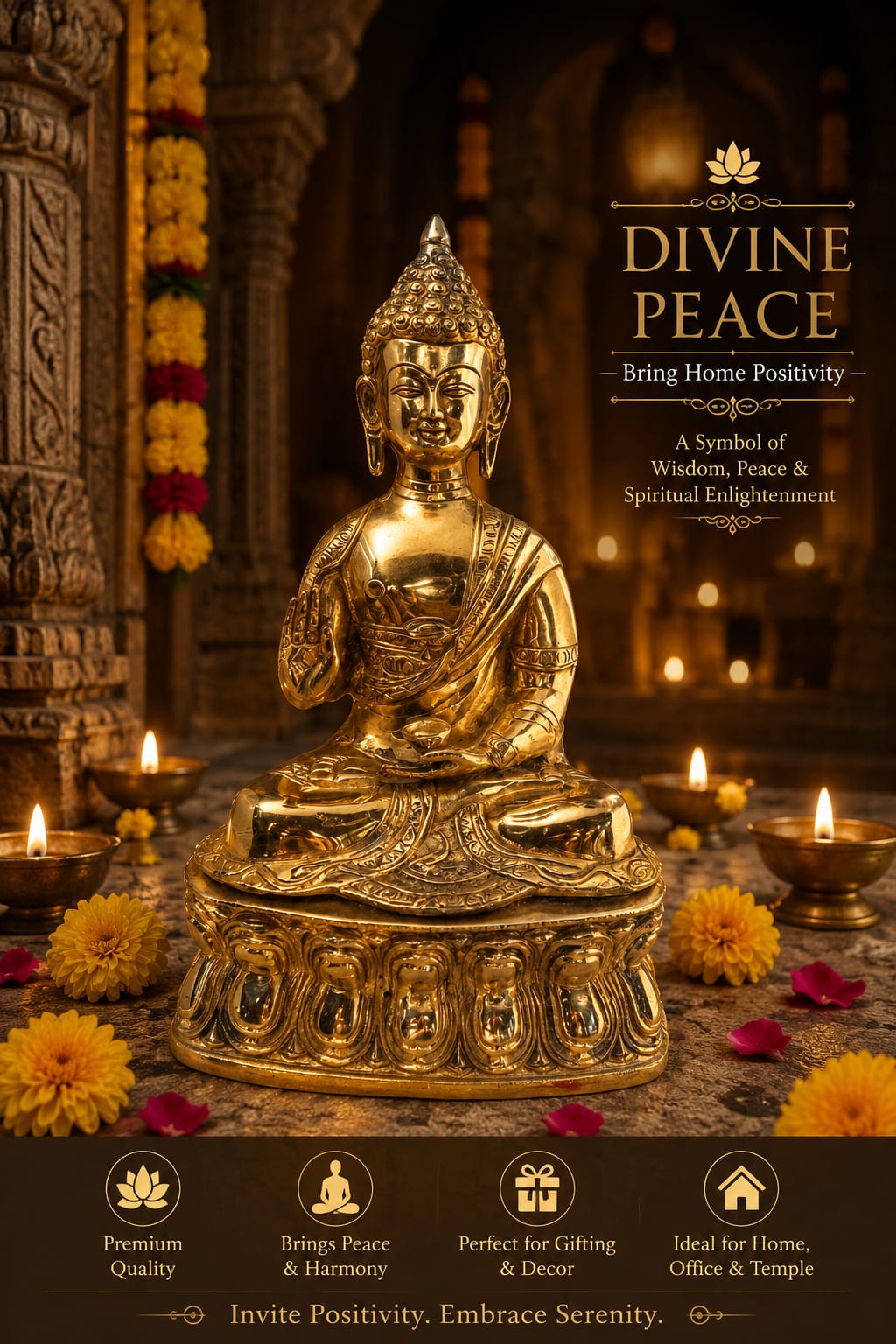 Premium Brass Buddha Statue for Home Decor , Meditation & Temple | Peace & Prosperity Idol