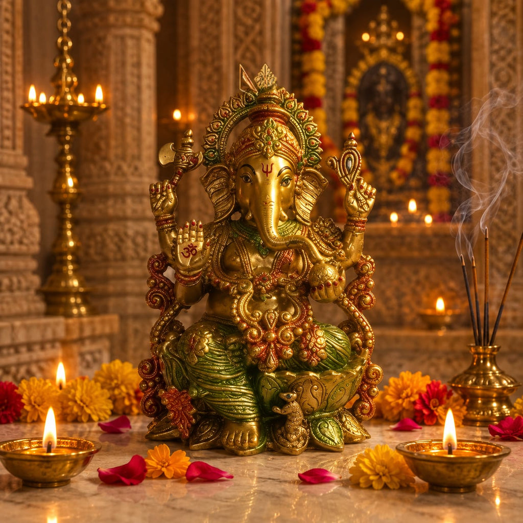Handcrafted coloured brass Lord Ganesha idol