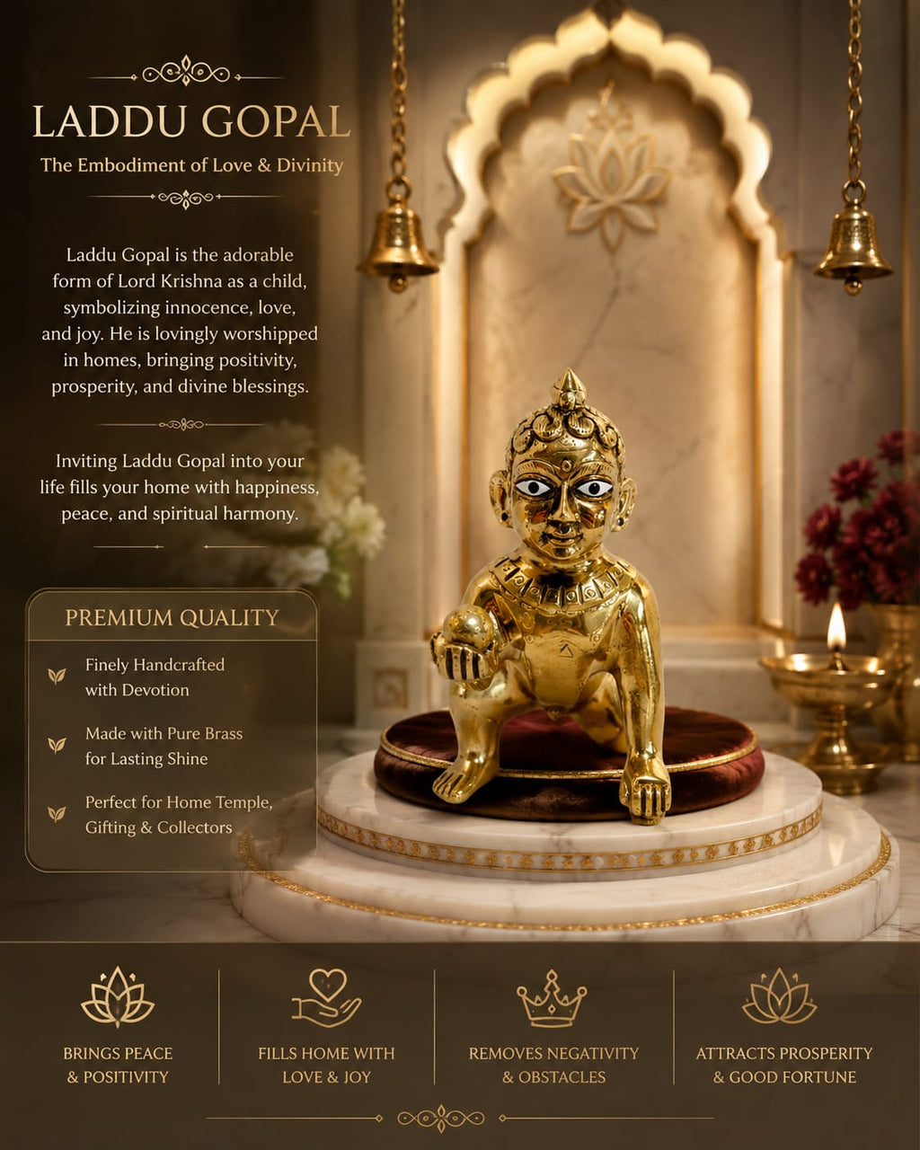 Premium Brass Laddu Gopal Idol | Bal Gopal Krishna Statue for Home Temple & Pooja Decor | Divine Spiritual Gift