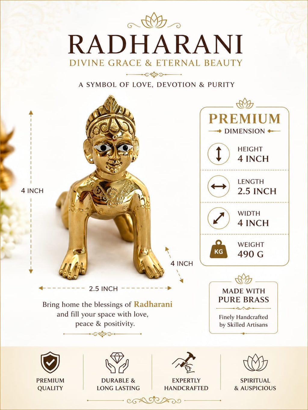 Ashtadhatu brass Radharani idol for home temple