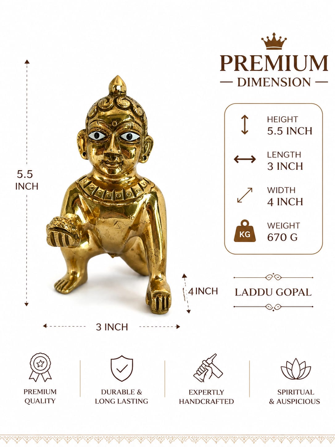 Premium Brass Laddu Gopal Idol | Bal Gopal Krishna Statue for Home Temple & Pooja Decor | Divine Spiritual Gift