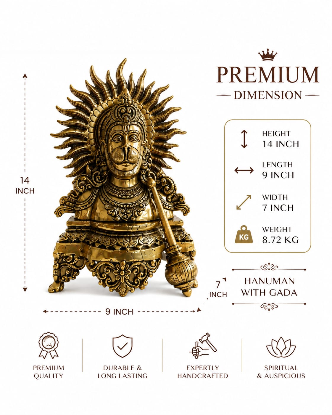 Premium Brass Hanuman Ji with Gada Idol | Lord Hanuman Murti | Hindu God Statue for Home Temple, Pooja Room & Decor.