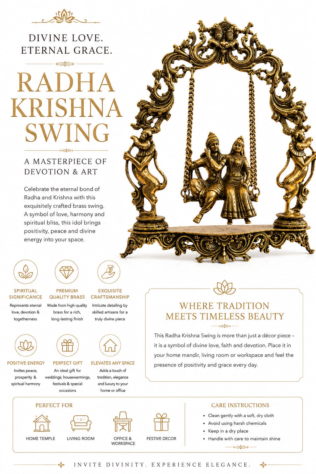 Premium Brass Radha Krishna Jhoola Idol | Radha Krishna Swing Statue for Home Temple & Decor | Divine Spiritual Gift .