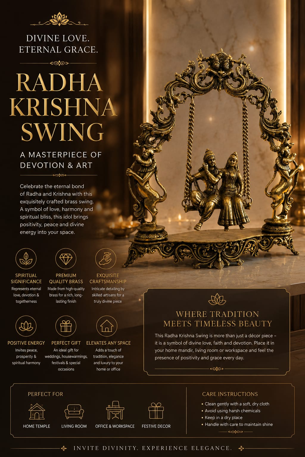 Premium Brass Radha Krishna Jhoola Idol | Radha Krishna Swing Statue for Home Temple & Decor | Divine Spiritual Gift .