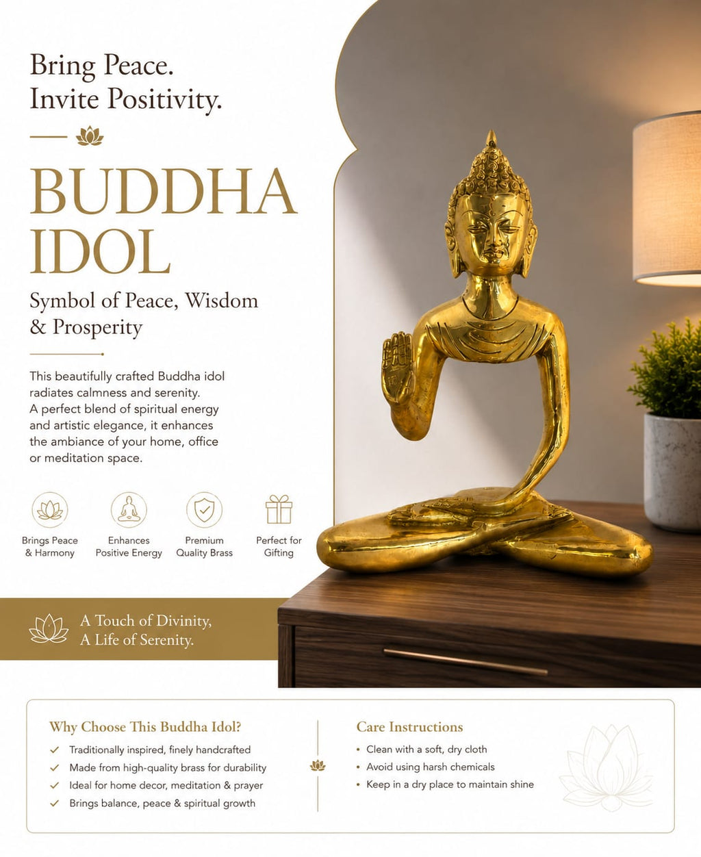 Premium Brass Hollow Buddha Statue for Home Decor | Elegant Meditating Buddha Idol for Living Room, office & Meditation space.