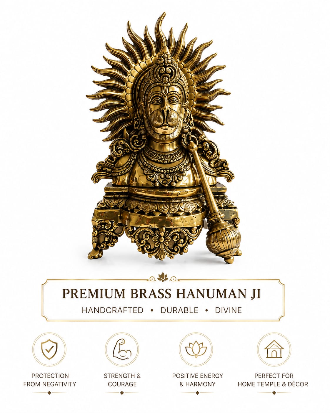 Premium Brass Hanuman Ji with Gada Idol | Lord Hanuman Murti | Hindu God Statue for Home Temple, Pooja Room & Decor.