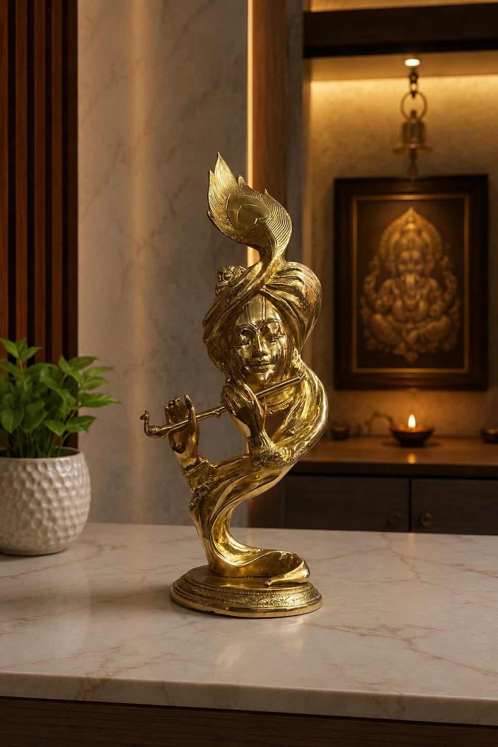 Peetalkraft Brass Hawai Krishna Statue with Flute | Premium Hindu God Idol for Home Temple & Decor .