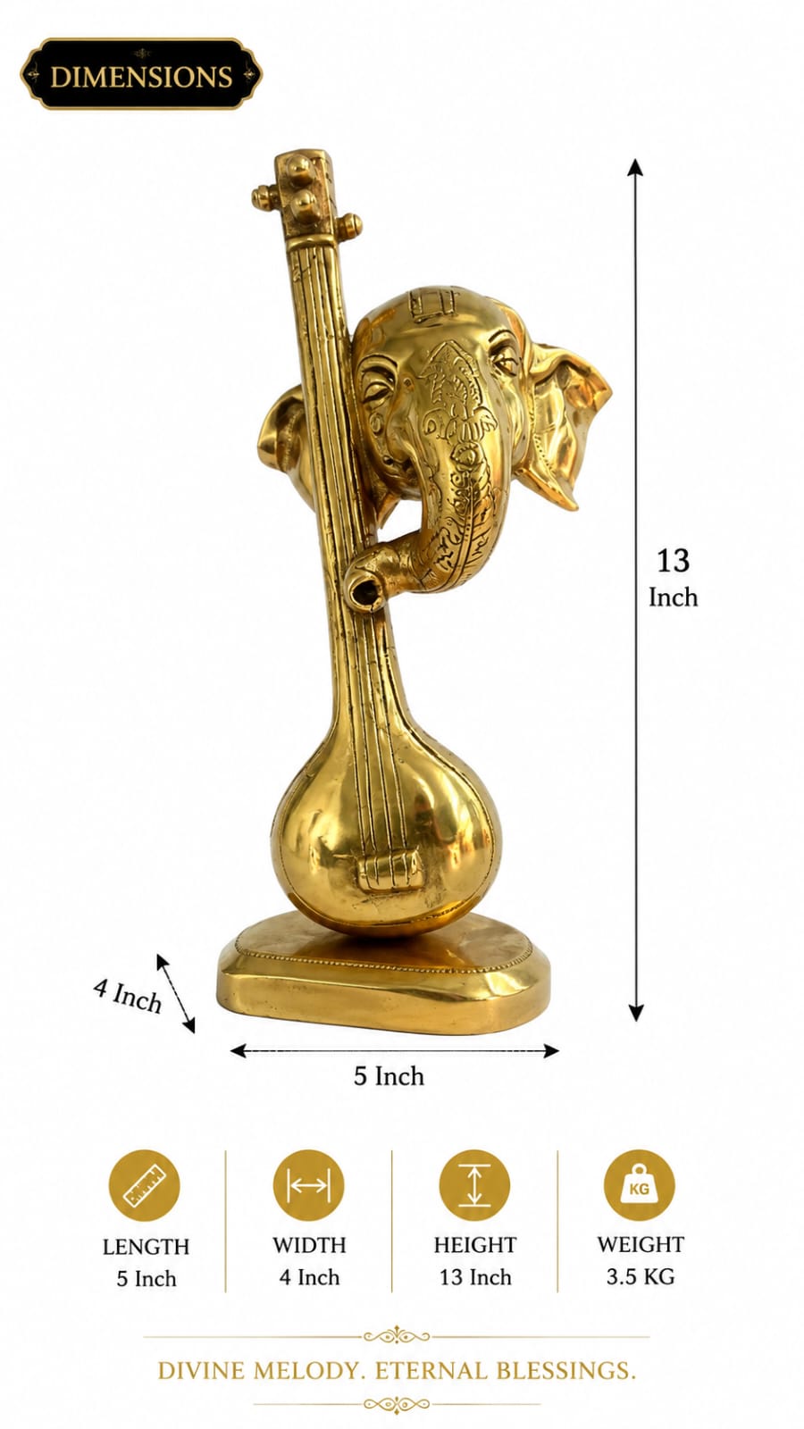 Premium Brass Lord Ganesh with Sitar Idol | Musical Ganesh Statue for Home Temple & Decor | Divine Spiritual Gift