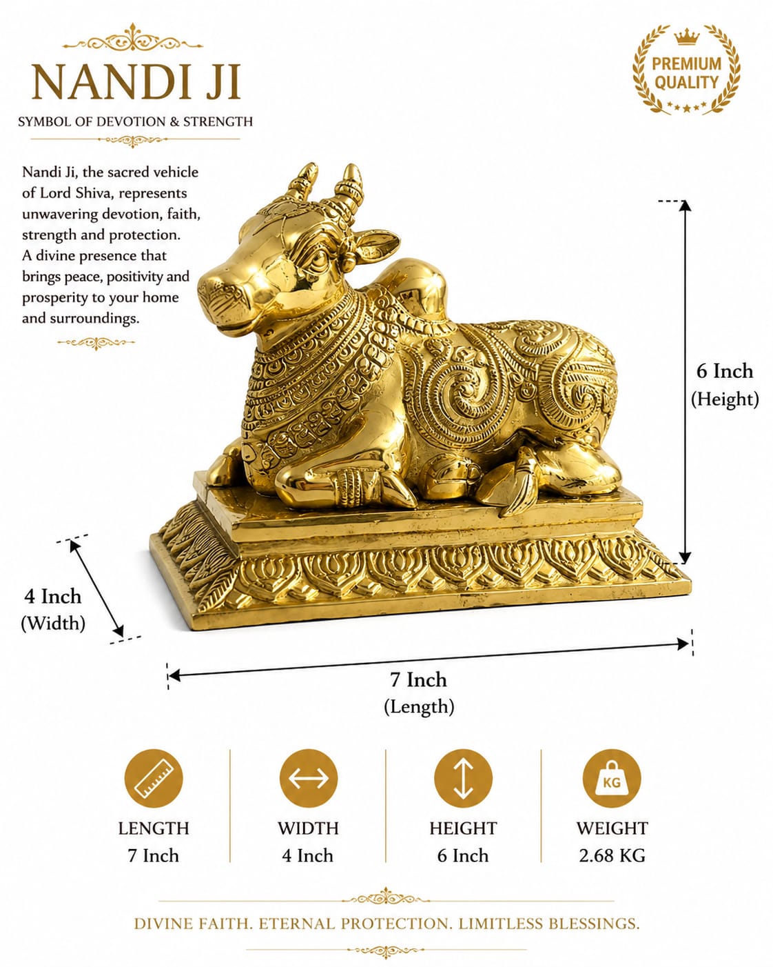 Premium Brass Nandi Bull Statue | Traditional Hindu Temple Decor| Home & Office Decor
