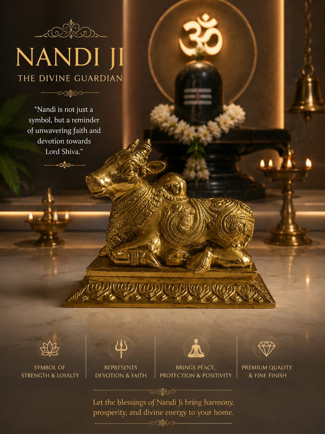 Premium Brass Nandi Bull Statue | Traditional Hindu Temple Decor| Home & Office Decor