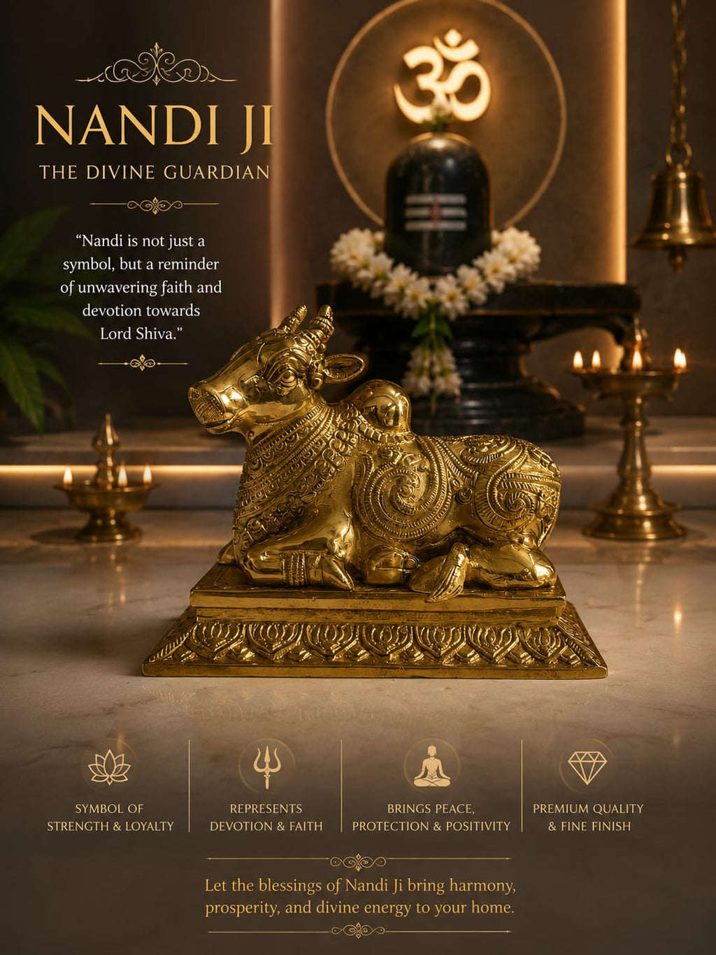 Premium Brass Nandi Bull Statue | Traditional Hindu Temple Decor| Home & Office Decor
