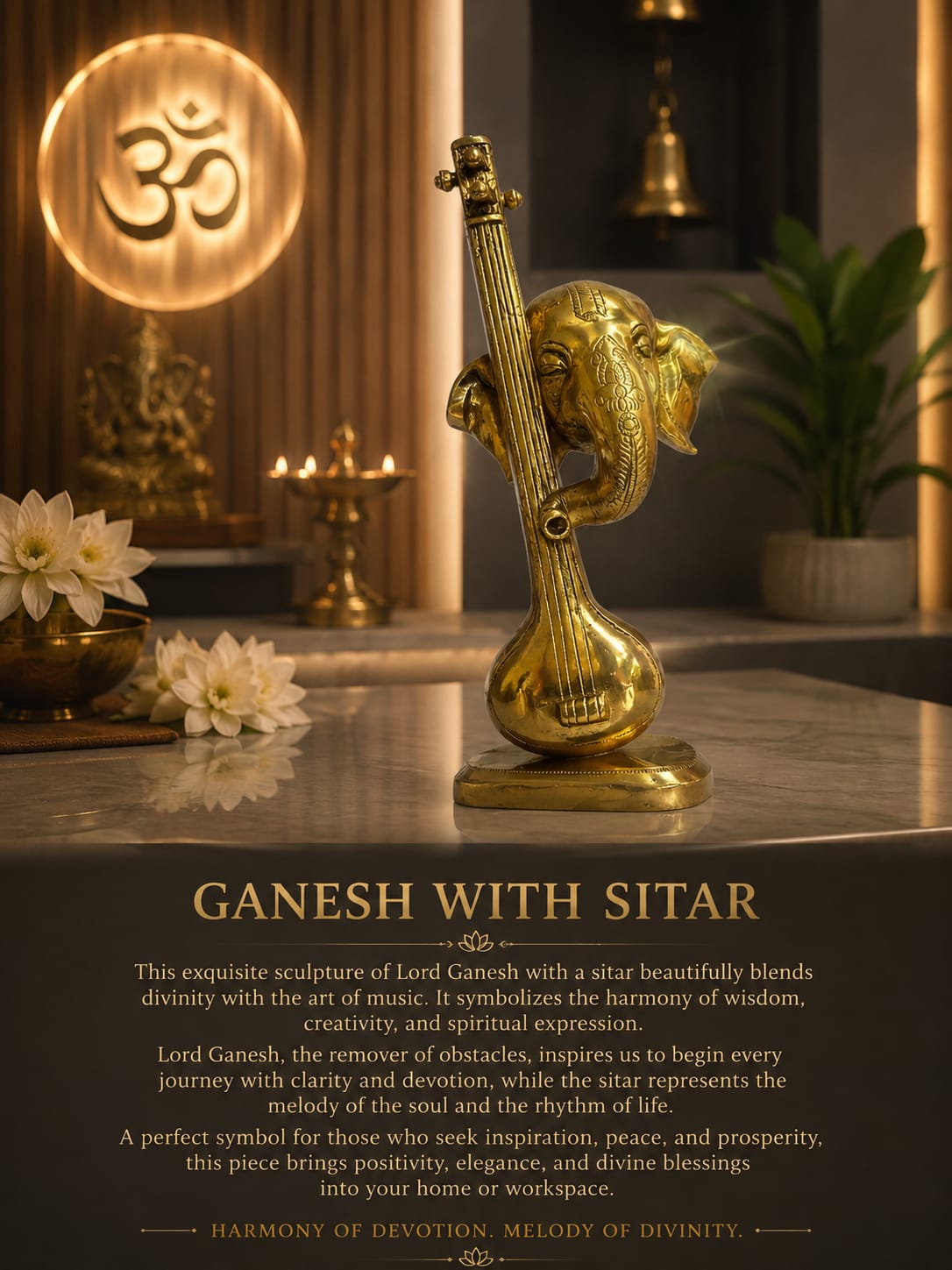 Premium Brass Lord Ganesh with Sitar Idol | Musical Ganesh Statue for Home Temple & Decor | Divine Spiritual Gift