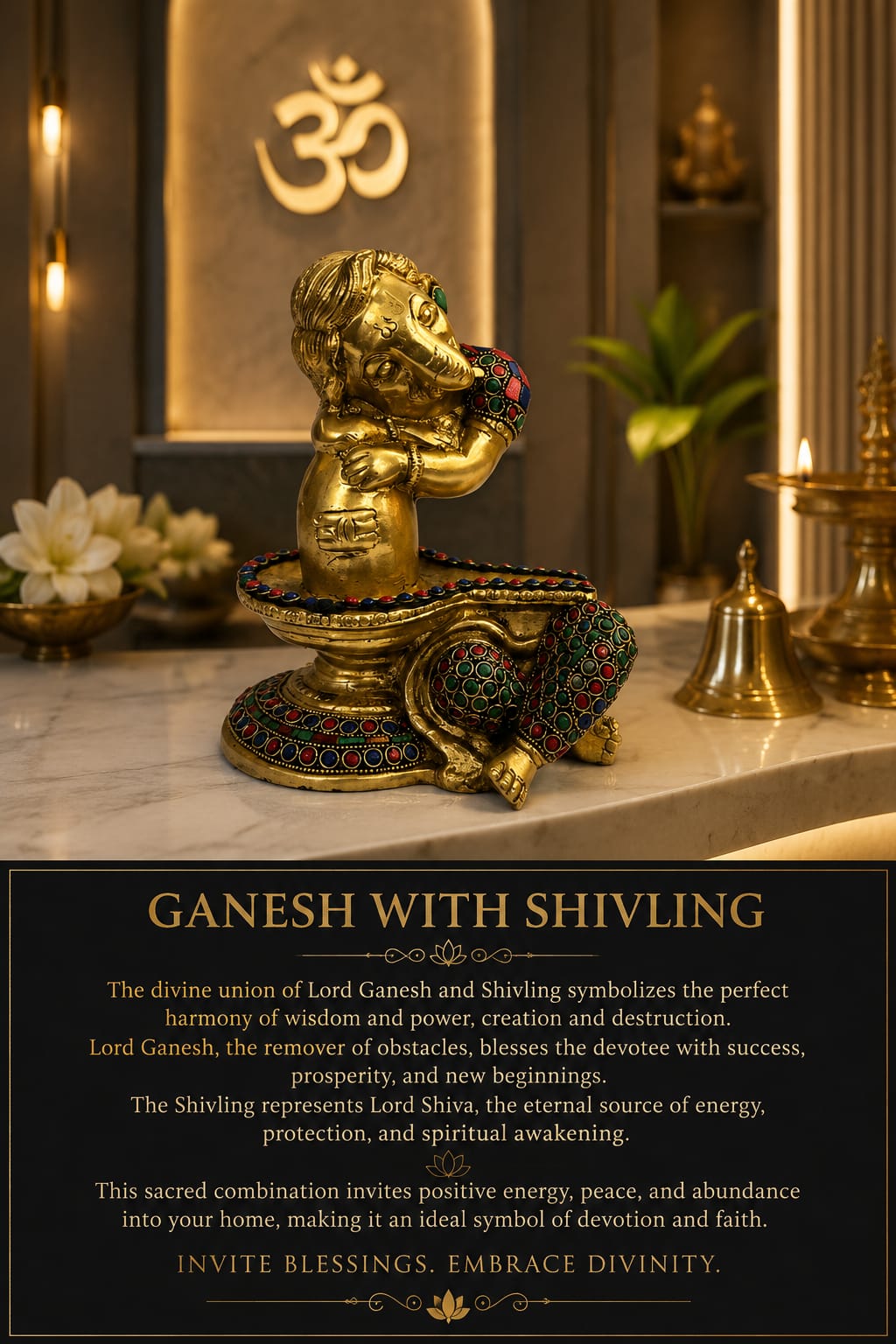 Premium Brass Lord Ganesh with Shivling Idol | Divine Ganesh Shivling Murti for Home Temple, Pooja Room  &  Spiritual Decor.