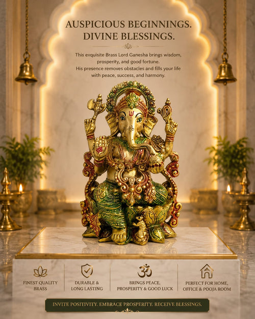 Coloured Brass Ganesha Idol, 11.5 inch