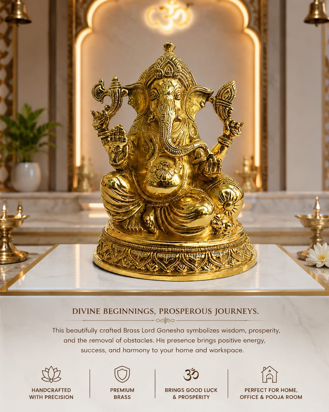 Premium Brass Lord Ganesha Idol | Divine Ganesh Statue for Home Temple & Decor | Spiritual Gift for prosperity & good fortune