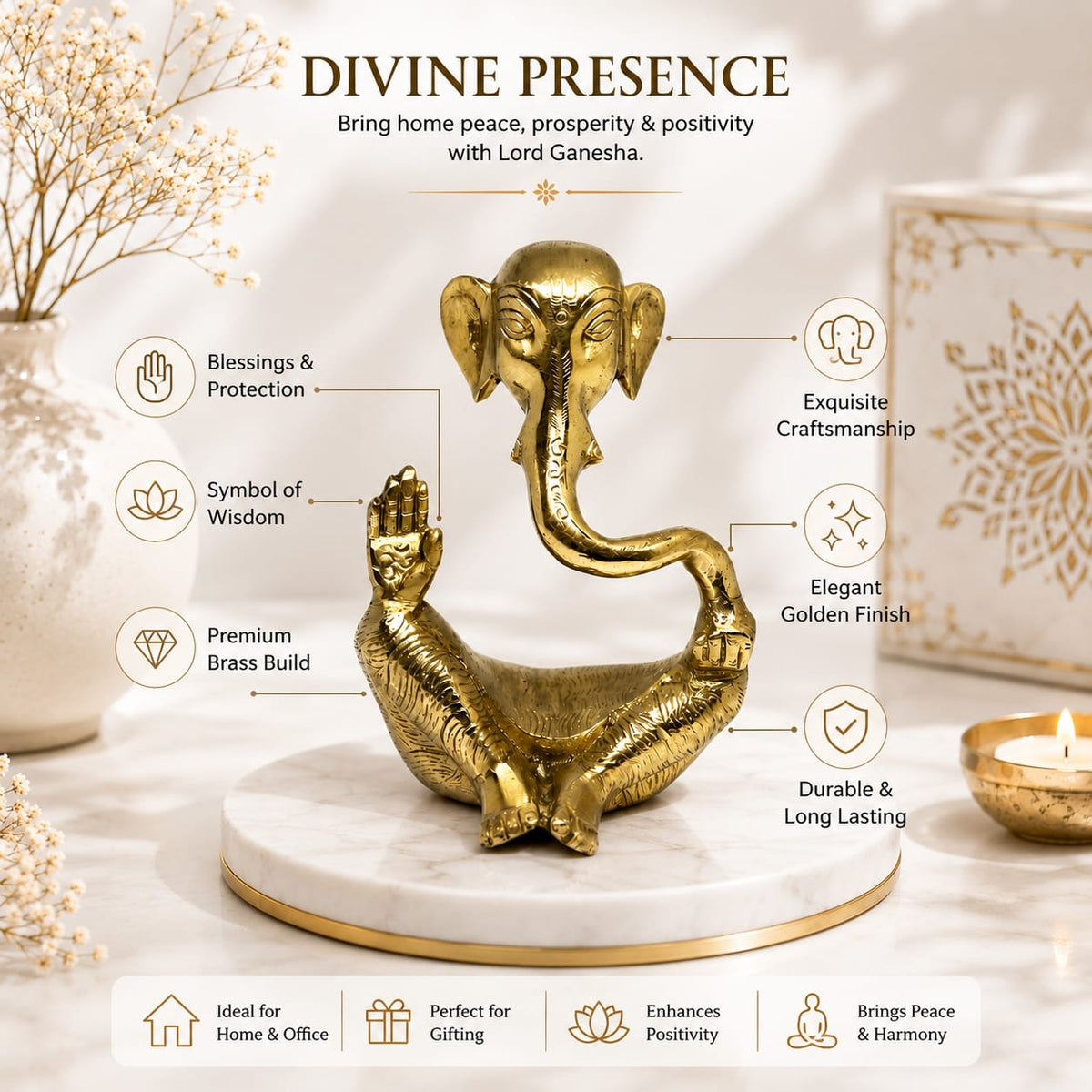 Premium Brass Lord Ganesha Idol - Small Trunk | Ganesh ji Statue for Home Temple & Office Decor .