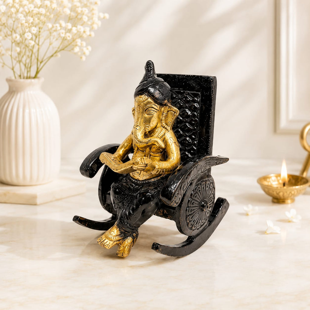 Brass Ganesha Idol on chair - Handcrafted Colored Ganesha Statue for Home Temple, Pooja & Decor.