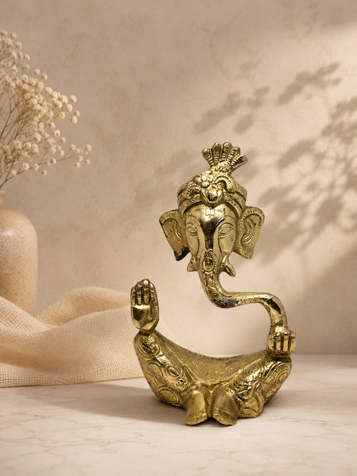 Brass Ganesha Idol with Crown – Small Ganesh Ji Statue for Home Temple & Pooja Decor