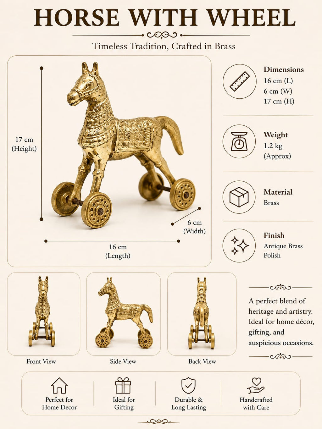 Classic brass horse showpiece, handmade with wheel
