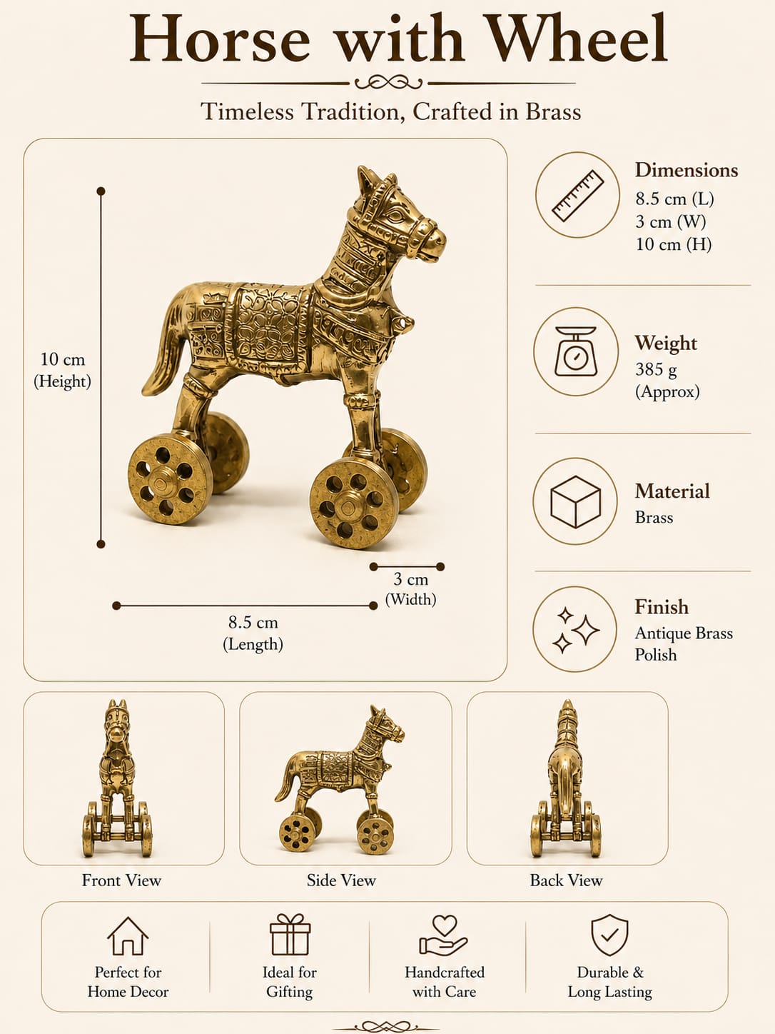 Handcrafted brass horse showpiece with wheels