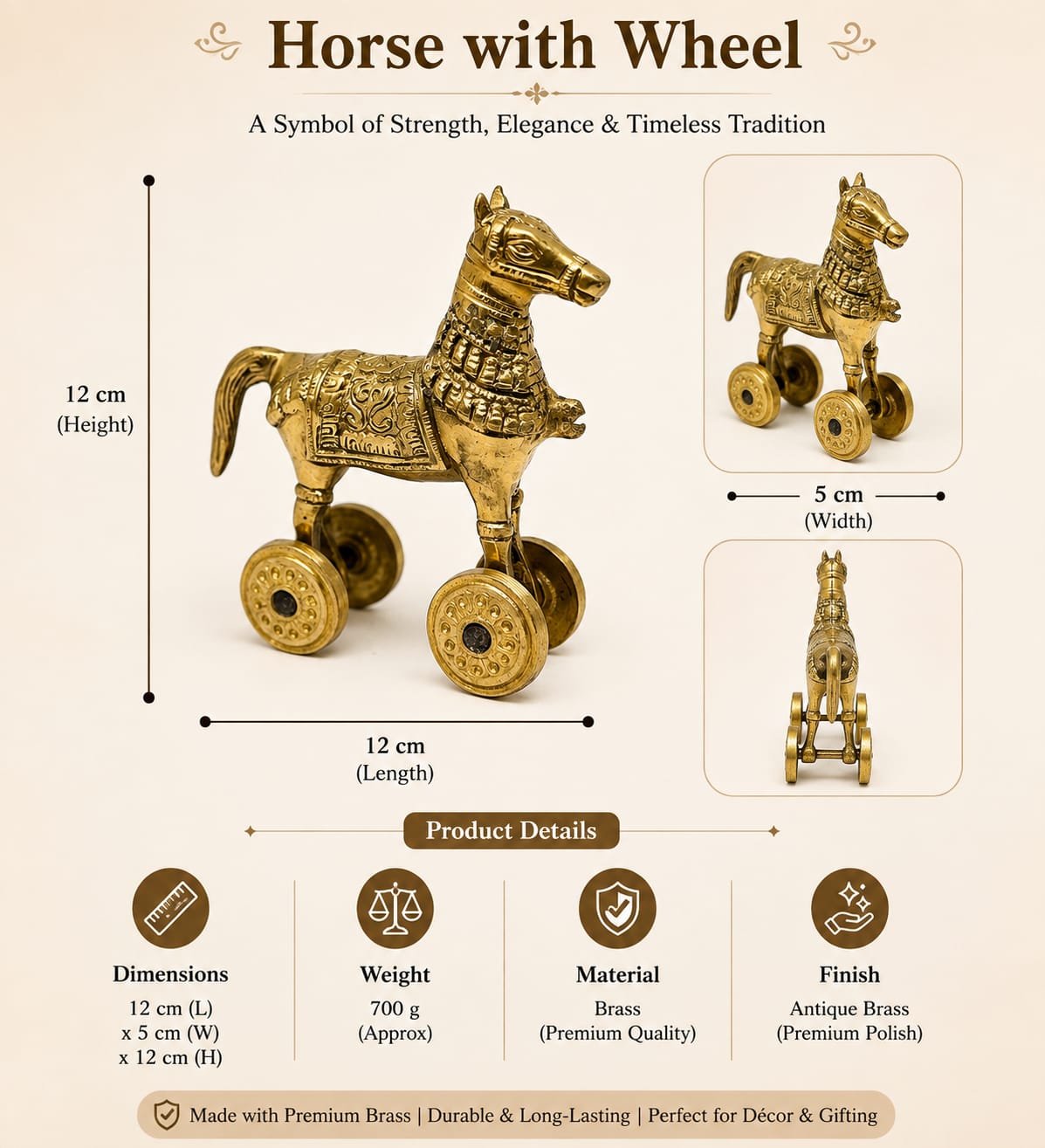 Medium brass horse Shoepiece with wheels, antique finish