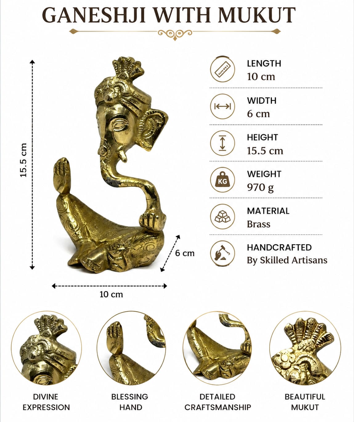 Brass Ganesha Idol with crown -Small Premium Ganesh ji Statue for Home Temple & Pooja Decor .