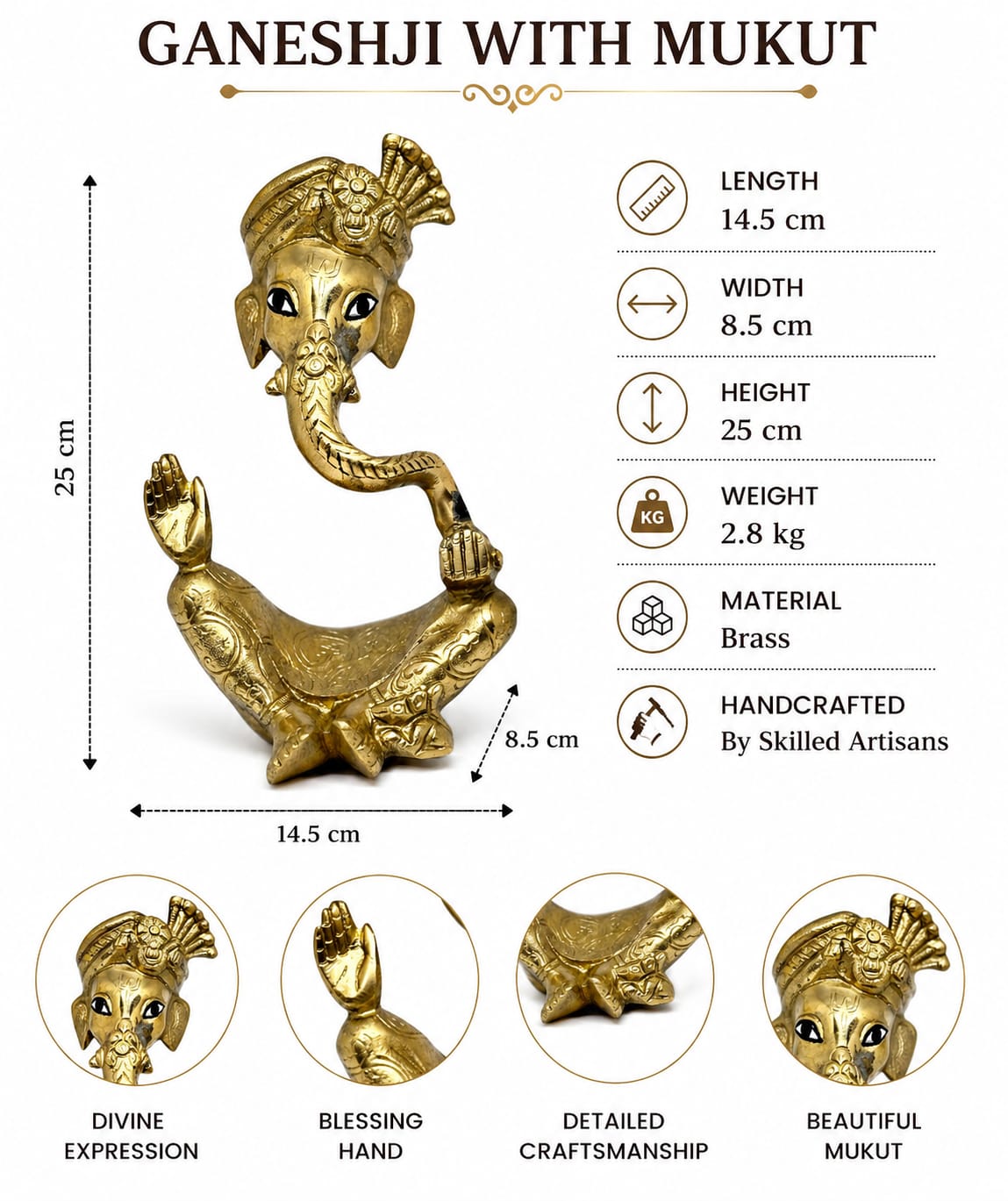 Brass Ganesh Idol with Crown - Premium Lord Ganesh statue for Home Temple, pooja & decor.